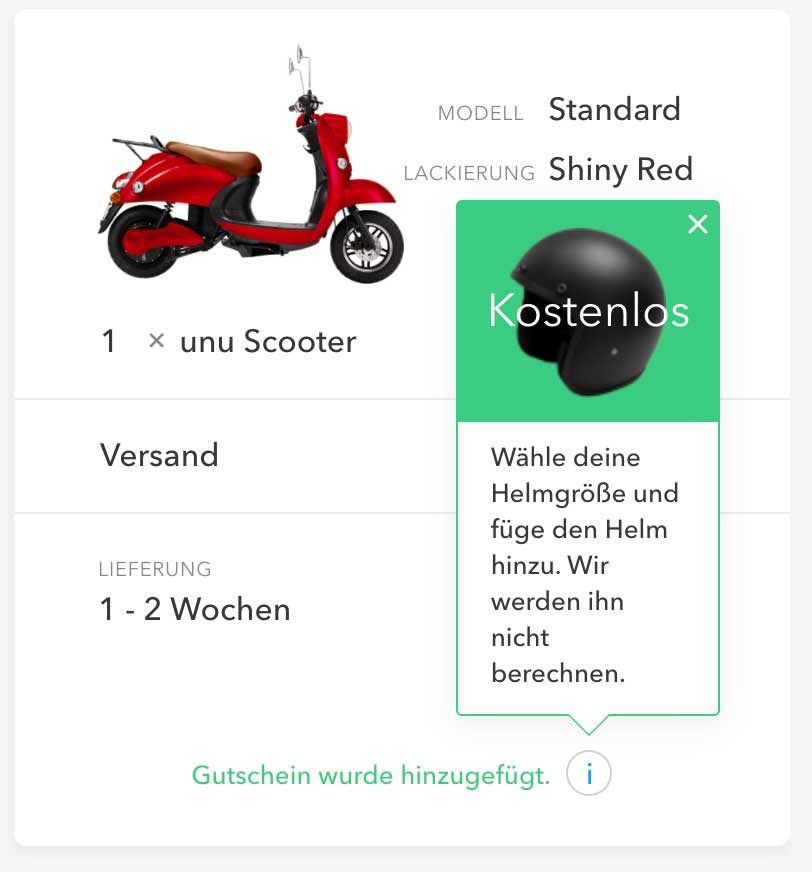 UNU Elektroroller Gutschein Coupon auf unu-gutschein.de Schritt 2