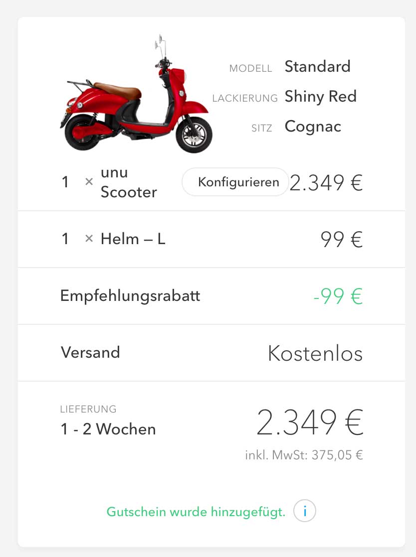 UNU Elektroroller Gutschein Coupon auf unu-gutschein.de Schritt 5